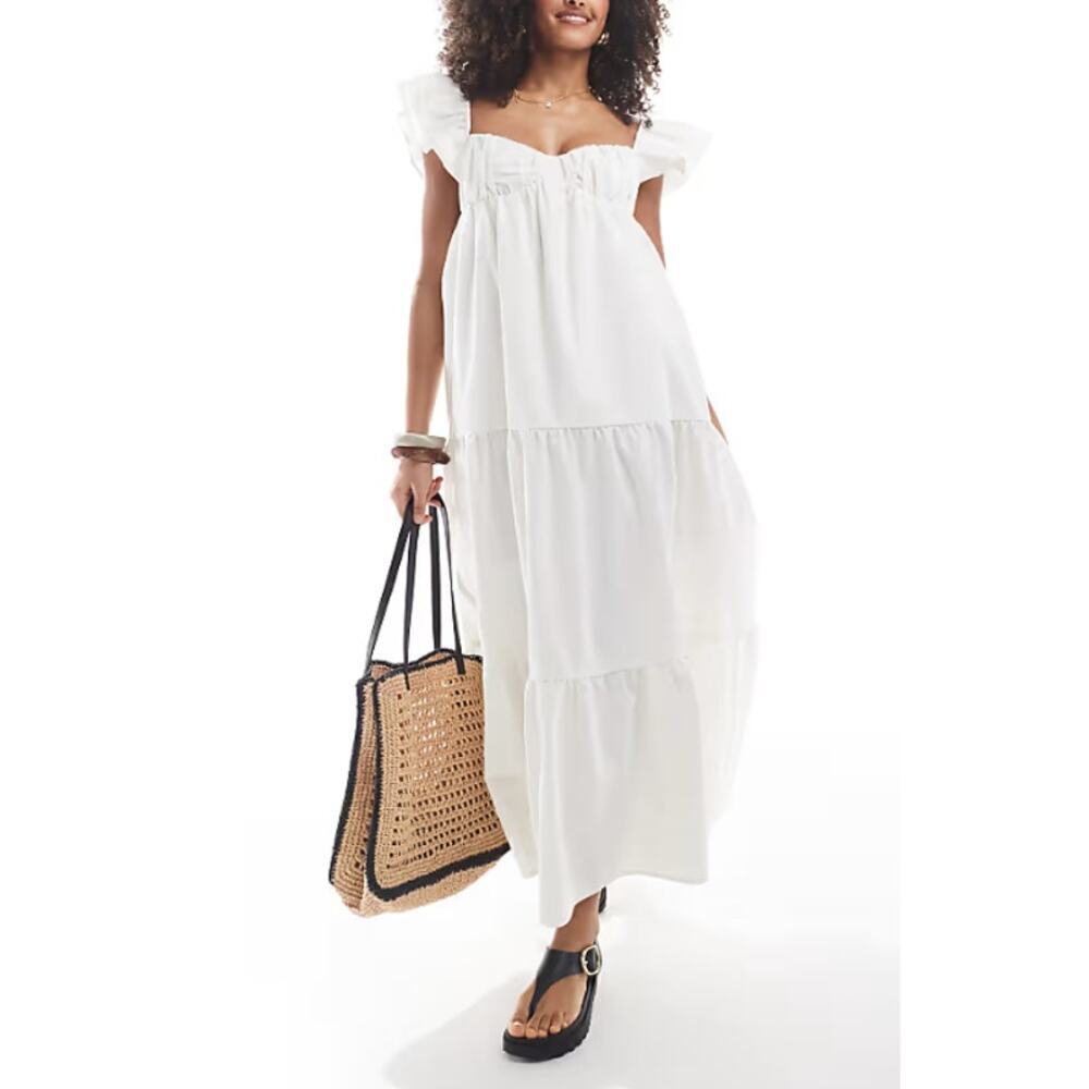 The Frolic Cream Frill Detail Tie Back Tiered Maxi Dress UK 10 | US Size 6